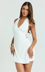 Roseville Mini Dress - Wrap Front Halter Dress with Hardware Detail in White