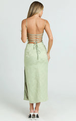 Indiana Midi Dress - Jacquard Square Neck Lace Back Fitted Dress in Green