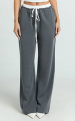 Maliha Pants - Mid Rise Contrast Elasticated Drawstring Wide Leg Tailored Pants in Charcoal