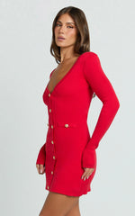 Nikka Mini Dress - Long Sleeve V Neck Bodycon Knit Dress in Red