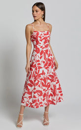 Nylia Midi Dress - Strappy Fit and Flare Dress in Red Floral
