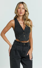 Fergie Top - Denim Crop Vest Top in Washed Black