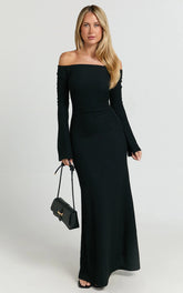 Ayla Maxi Dress - Off Shoulder Flared Sleeve Bodycon Dress in Black