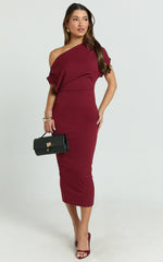 Nalfie Midi Dress - Tipped Shoulder Jersey Drape Dress in Wine