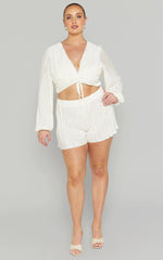 Jondra Blouse - Ruched Front Long Sleeve Plisse Blouse in Cream