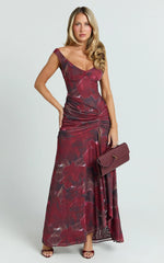 Demetria Midi Dress - Floral Mesh Printed Bodycon Dress in Burgundy Rose