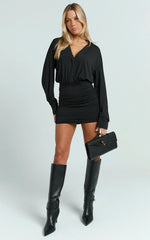 Pearce Mini Dress - Ruched Jersey Shirt Dress in Black