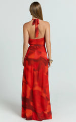 Eva Maxi Dress - Plunge Halter Wrap Dress in Abstract Adeana Print