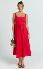 Khari Midi Dress - Linen Look Square A Line Dress in Red