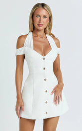 Baylee Mini Dress - Off Shoulder Button Front Tulip Skirt Dress in White