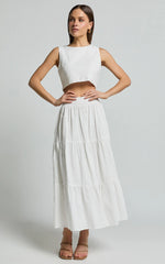 Ruby Midi Skirt - Shirred High Waist Cotton Tiered Skirt in Off White