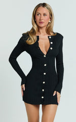 Celia Mini Dress - High Neck Square Shoulder Button Front Ruche Waist Knit Dress in Black