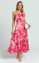Georgine Midi Dress - One Shoulder Ruched Tiered Dress in Peony Blossom