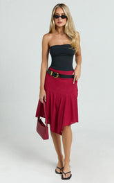Clare Midi Skirt - Mid Waisted Asymmetric Bias Cut Slip Skirt in Cherry Red
