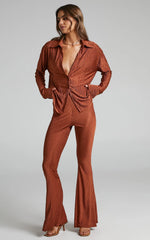 Rosamund Pants - High Waisted Crinkle Flared Pants in Clay