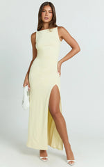 Audette Maxi Dress - Boat Neck Ruched Fitted Dress in Lemon