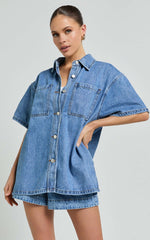 Rhianna Top - Oversized Recycled Denim Short Sleeve Shirt in Mid Blue Wash