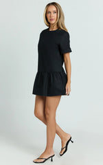 Lyons Mini Dress - High Neck Short Sleeve Drop Waist Gathered Skirt Dress in Black