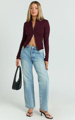 Jada Top - Double Zip Knitted Long Sleeve Top in Cherry Liqueur
