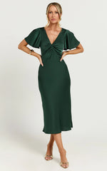 Amartina Midi Dress - V Neck Twist Bodice Flutter Sleeve Dress in Forest Green