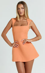 Sakura Mini Dress - Square Neck Wide Strap A Line Skirt Dress in Orange