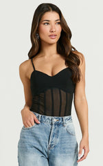 Cheryth Bodysuit - V Neck Strappy Sheer Corset Bodysuit in Black