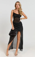 Frances Midi Dress - Cowl Neck Contrast Lace Slip Dress in Black