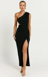 Cristle Midi Dress - One Shoulder Side Cut Out Thigh Split Dress in Black
