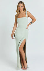 Donna Maxi Dress - Cowl Neck Column High Split Dress in Sage