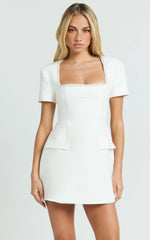 Nakita Mini Dress - Short Sleeve Pearl Trim Square Neck Tulip Dress in White