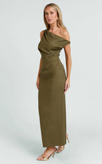 Alexandria Midi Dress - Tip Shoulder Draped Fitted Dress in Olive