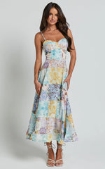 Robertson Midi Dress - Strappy Sweetheart Bustier Flare Dress in Vintage Floral
