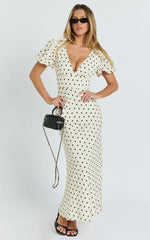 Elise Midi Dress - V Neck Puff Sleeve Dress in White Polka Dot