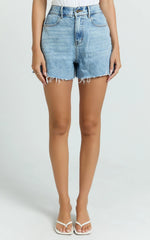 Renee Shorts - High Waisted Frayed Hem Denim Shorts in Light Blue Wash
