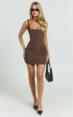 Marcia Mini Dress - Scoop Neck Hook And Eye Front Bodice Fitted Dress in Brown