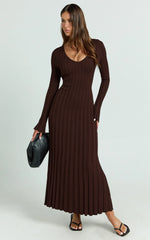Astra Maxi Dress - V Neck Long Sleeve Knit Dress in Chocolate