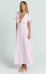 Matteo Midi Dress - Deep V Neck Puff Sleeve Dress in Pink