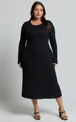Blaire Midi Dress - Long Sleeve Tie Back Flare Dress in Black