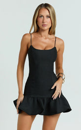 Sammie Mini Dress - Scoop Neck Hem Frill Fitted Dress in Black