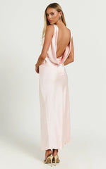 Brienne Midi Dress - Plunge Cowl Back Satin Dress in Soft Pink