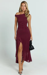 Judee Midi Dress - One Shoulder High Side Split Dress in Wine