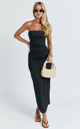 Natasha Midi Dress - Strapless Ruched Column Dress in Black