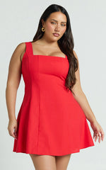 Adiana Mini Dress - Linen Square Neck Shirred Back A Line Dress in Red