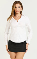Briannon Shirt - Long Sleeve Fitted Collared Button Up Shirt in White