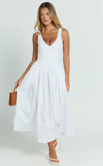 Beckett Midi Dress - Scoop Neck Drop V Waist Gathered Skirt Dress in White