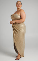 Adrie Midi Dress - Strapless Corset Bodice Dress in Gold