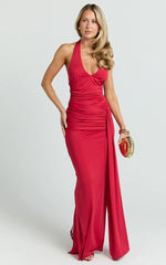 Dixie Maxi Dress - Plunge Halter Low Back Dress in Cherry