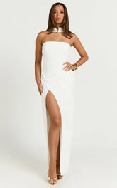 Allegra Maxi Dress - Neck Band Column High Split Dress in Off White