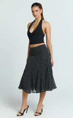 Charlie Midi Skirt - Polka Dot Low Waist Godet Skirt in Black