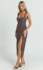 Aretha Midi Dress - Square Neckline High Split Dress in Mocha
